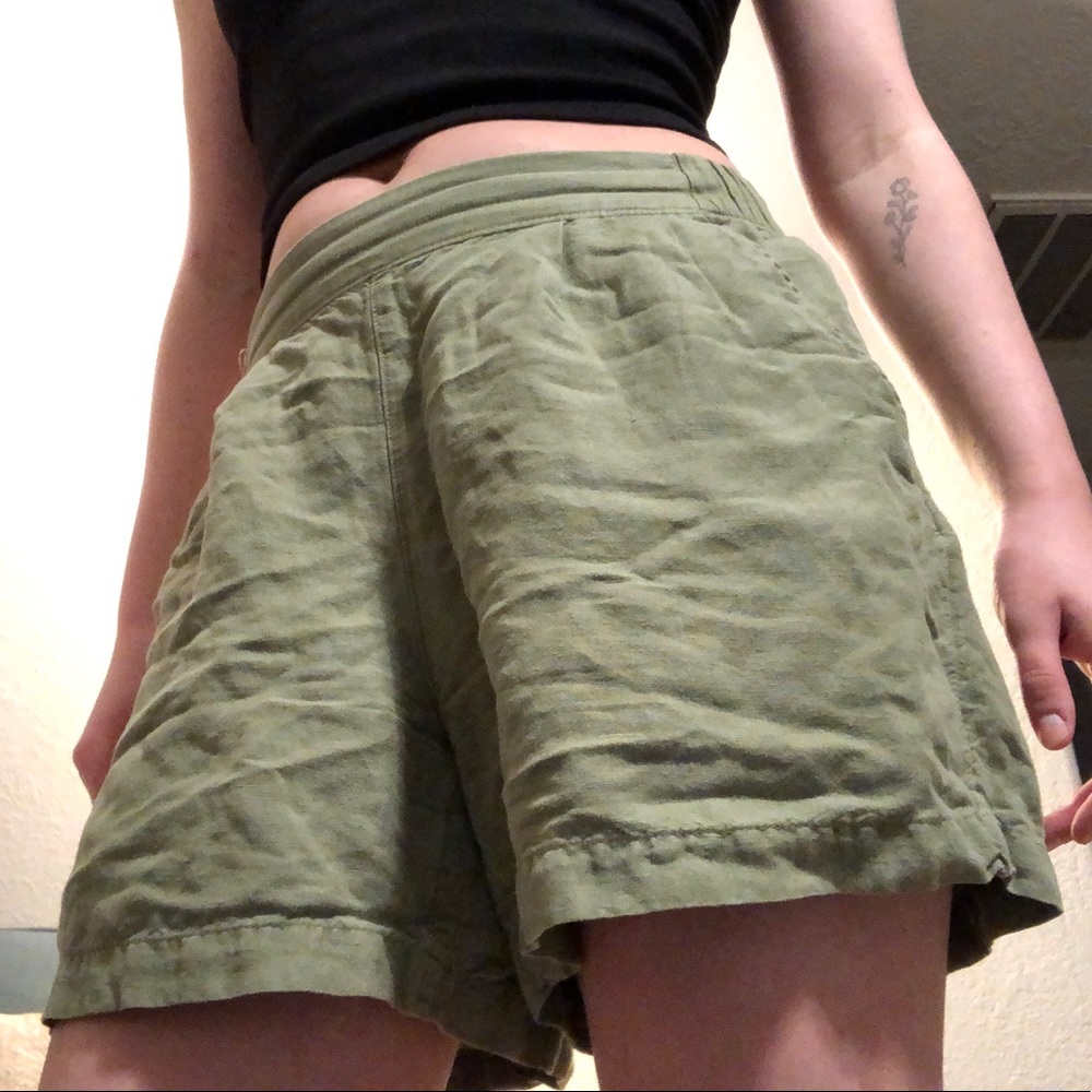 green linen shorts